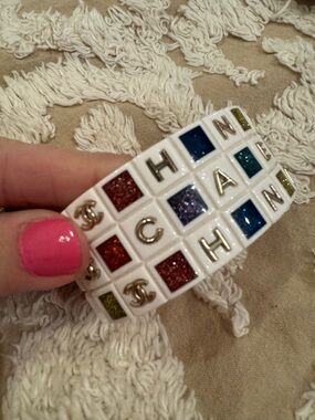 *CHANEL* RARE! 2019 AUTHENTIC White Resin Colorful Logo Hinged Cuff Bracelet